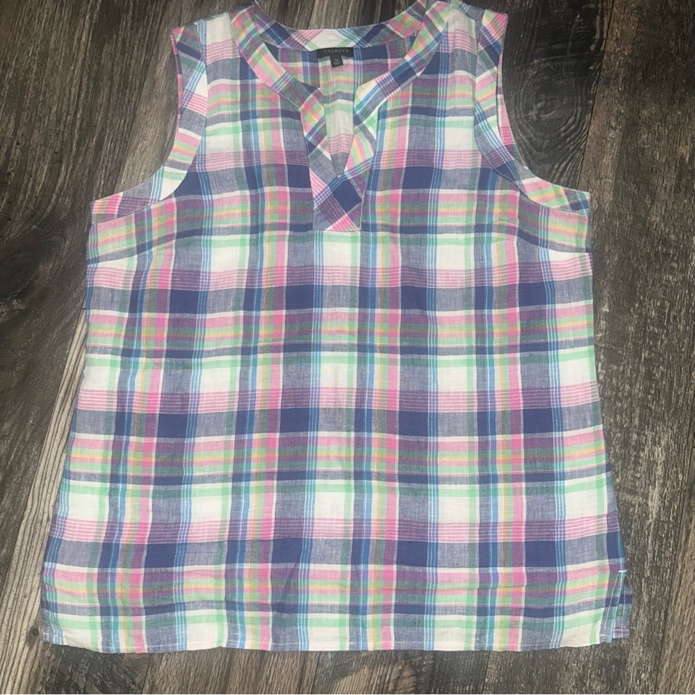Talbots Sleeveless 100%Linen Blouse Pullover Pink Blue Plaid Women’s Medium